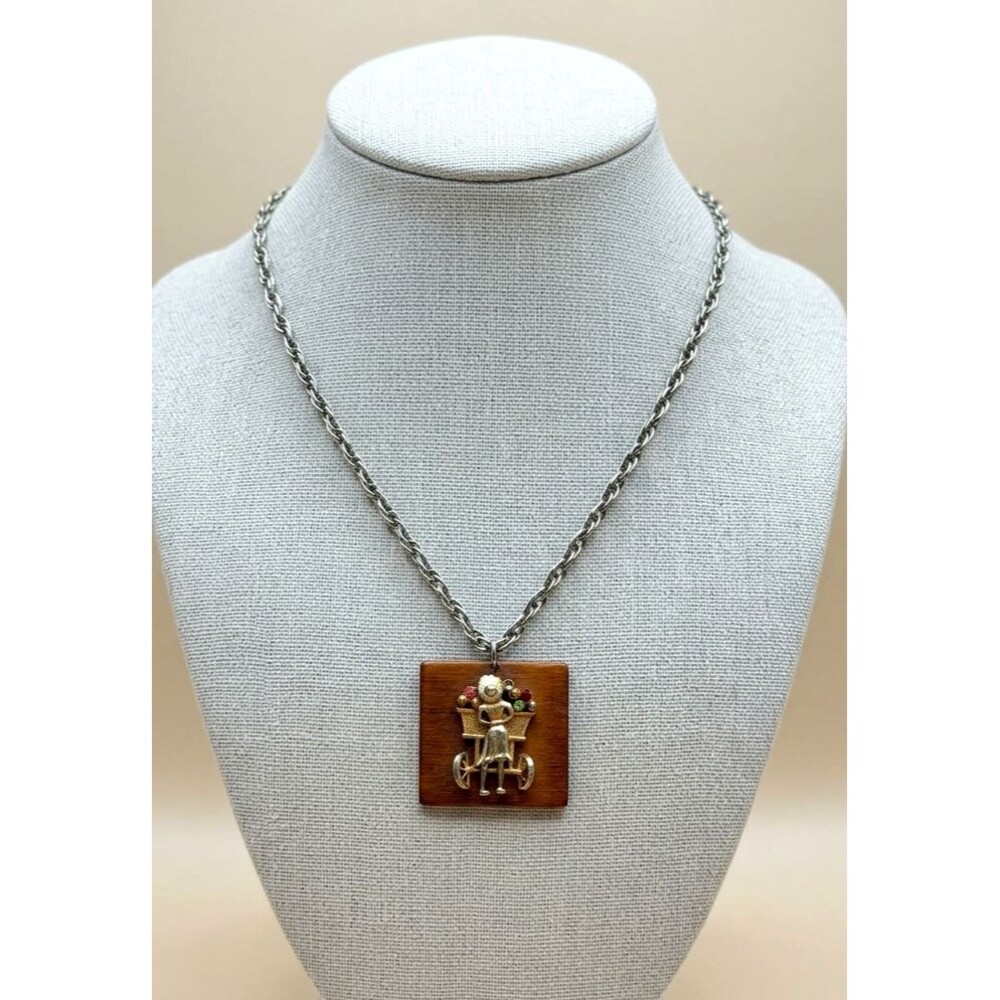 Vintage 1970s Wood Square Pendant Girl with Flower Cart Necklace